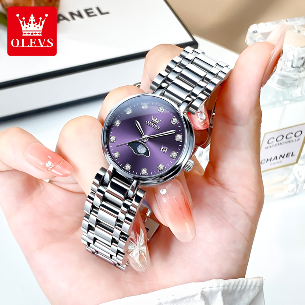 Luxury Watch Moon Phase - OLEVS Elegant แฟชั่นสีม่วง Rhinestone Dial นาฬิกาควอตซ์ผู้หญิงกันน้ํา