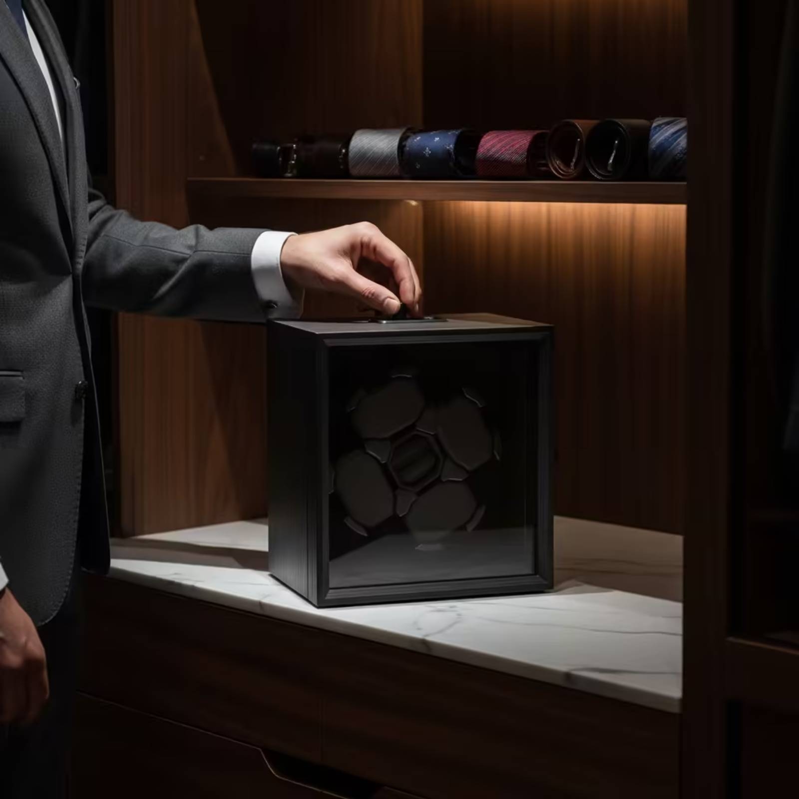 Quiet Luxury Watch Men - กล่องหมุนนาฬิกาอัตโนมัติ 4 ช่อง ลายไม้ดำ หรูหรา เงียบสงบ