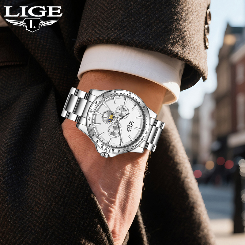 Luxury Watch Moon Phase - นาฬิกาข้อมือผู้ชาย LIGE แบรนด์ดัง หรูหรา ระบบควอตซ์ แฟชั่น
