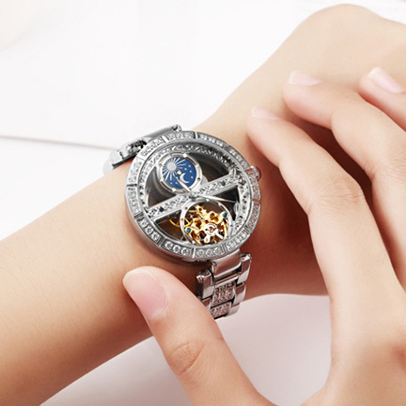 Luxury Watch Moon Phase - สุภาพสตรีนาฬิกาผู้หญิงอัตโนมัติหรูหราแฟชั่นนาฬิกากันน้ําสําหรับนาฬิกาผู้หญิง Skeleton Tourbillon นาฬิกา Relogio ใหม่