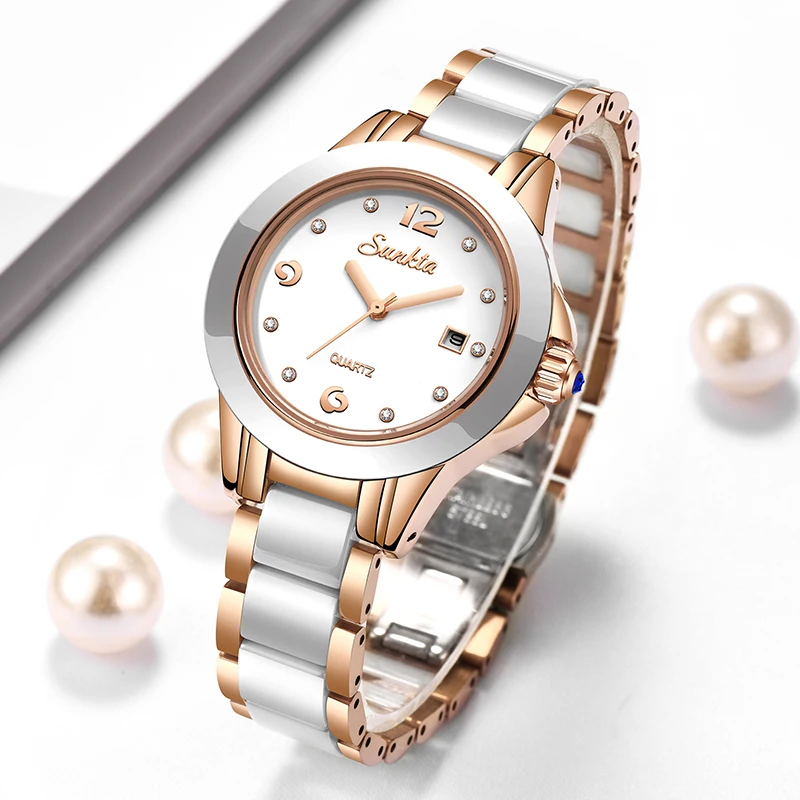 Luxury Watch Lady - ซุนก้าต้าแฟชั่นนาฬิกาควอทซ์ผู้หญิงลำลองหรูหราเซรามิคเพชรปฏิทินกันน้ำสุภาพสตรีนาฬิกาผู้หญิงมงเตร เฟมม์