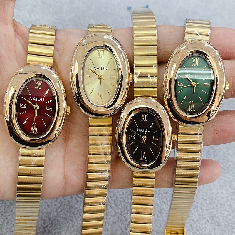 Luxury Watch Green - นาฬิกาควอตซ์ผู้หญิงทรงรีสีทองแบรนด์หรู แฟชั่นลำลอง สายเหล็ก นาฬิกาข้อมือสุภาพสตรี ของขวัญสำหรับผู้หญิง ดรอปชิปปิ้ง