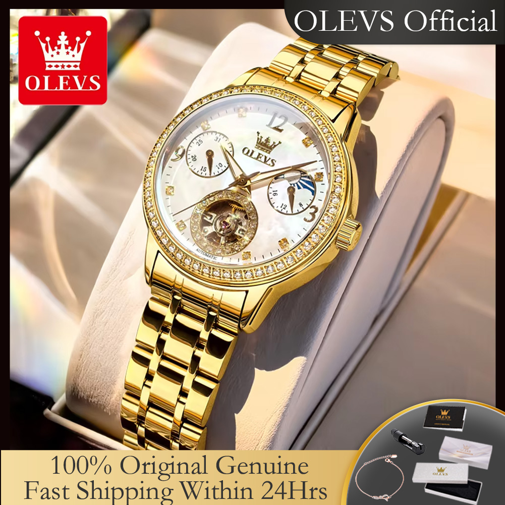 Luxury Watch Moon Phase - OLEVS 6750 นาฬิกาผู้หญิงอัตโนมัติสแตนเลสสตีลฮอลโลว์ มูนเฟส โครโนกราฟ หรูหรา
