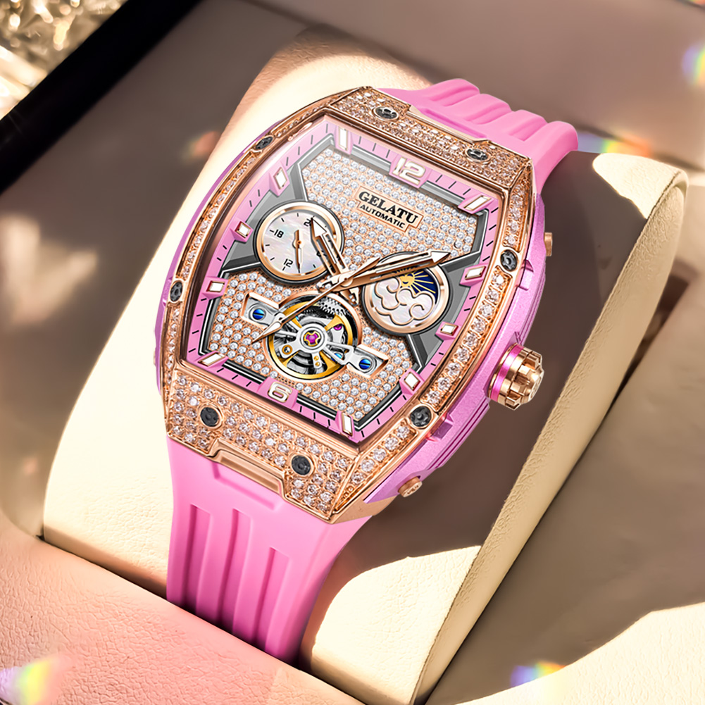 Luxury Watch Moon Phase - นาฬิกาข้อมือผู้หญิง GELATU สวยงาม กันน้ำ หน้าปัดเพชร ระบบอัตโนมัติ