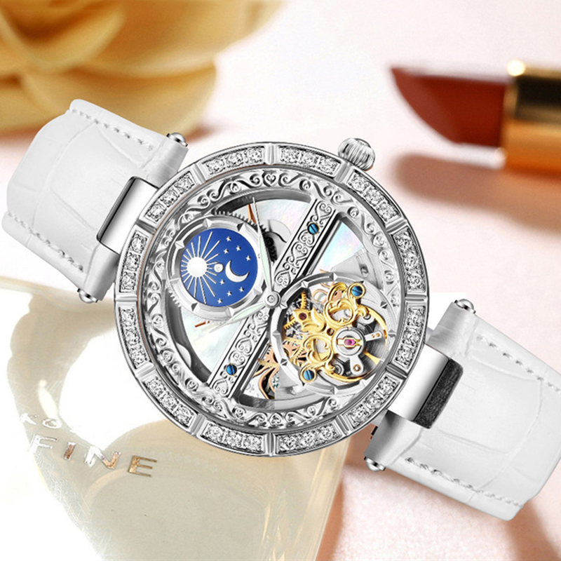สุภาพสตรีนาฬิกาผู้หญิงอัตโนมัต - Luxury Watch Moon Phase บทวิจารณ์และราคา