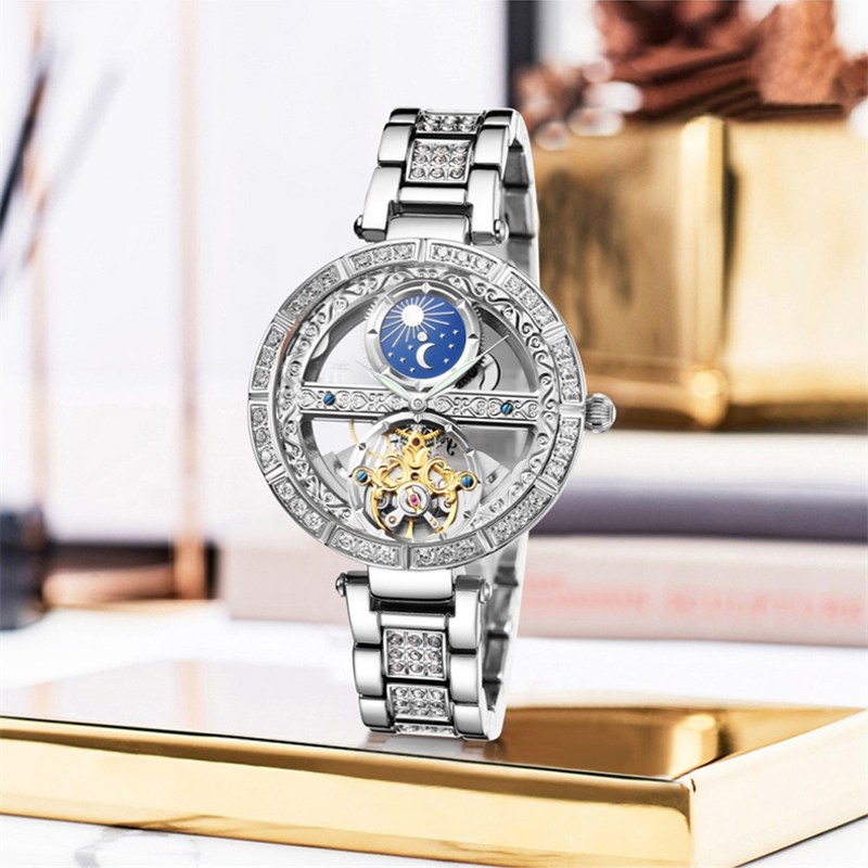สุภาพสตรีนาฬิกาผู้หญิงอัตโนมัต - Luxury Watch Moon Phase บทวิจารณ์และราคา